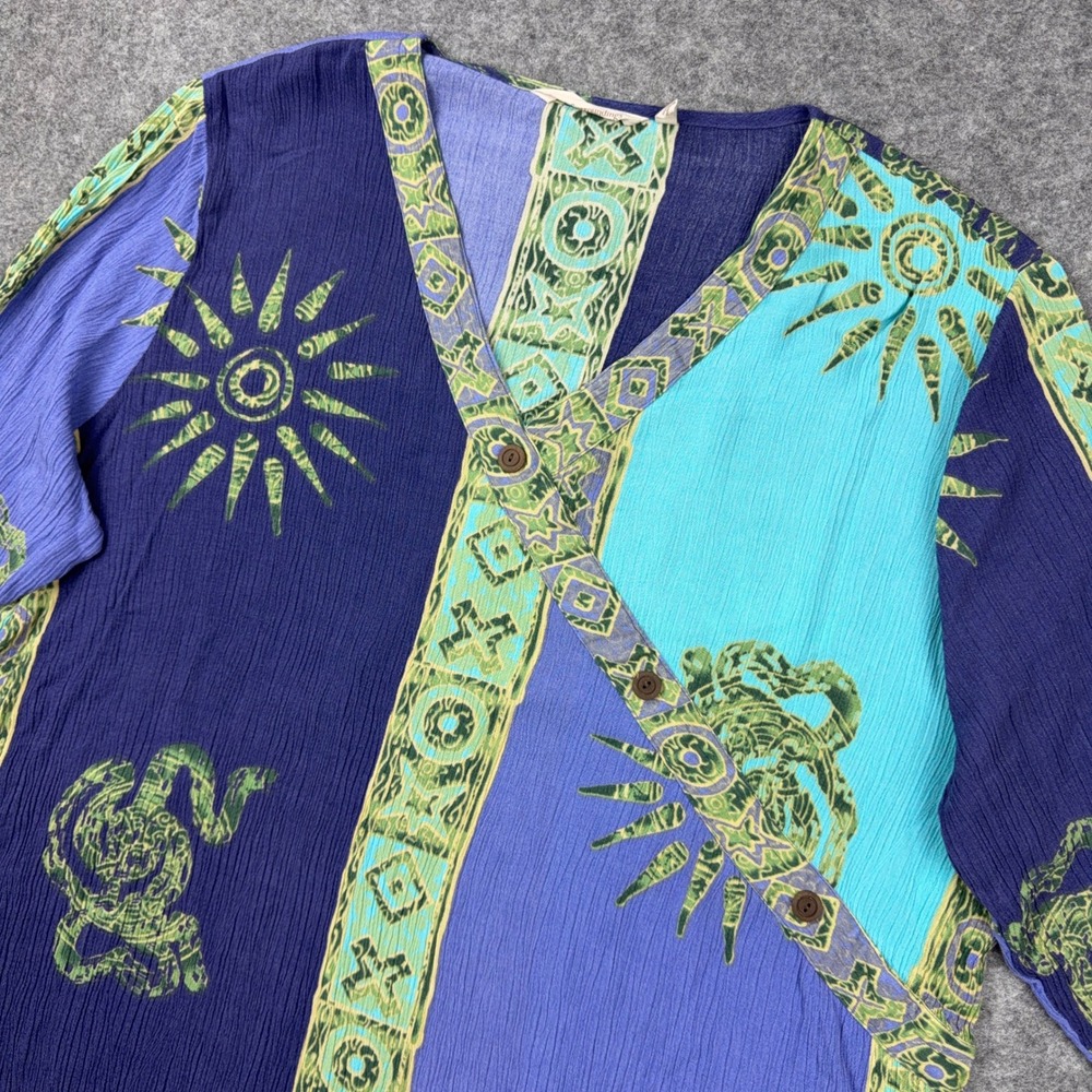 Soft Surroundings Tunic Top Women 3X Blue Green Celestial Sun Print V Neck Rayon